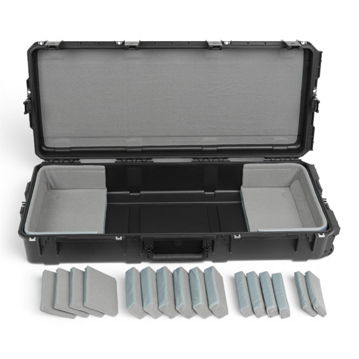SKB Cases iSeries 61-note keyboard case in black with customizable grey foam interior pads and secure locking latches.