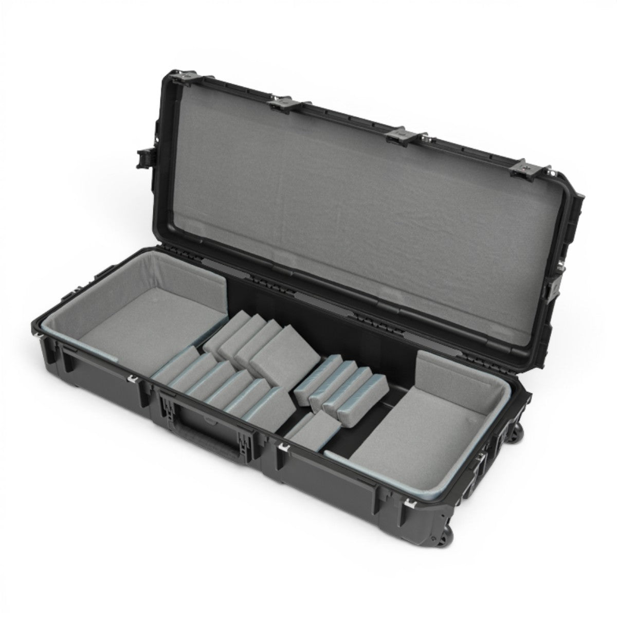 SKB Cases iSeries 61-note keyboard case in black with customizable grey foam interior and TSA-approved latches.