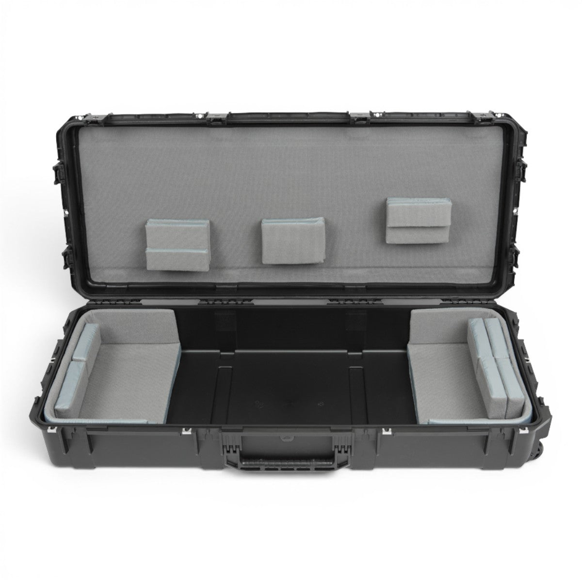 SKB Cases iSeries 61-note keyboard case with black waterproof exterior and customizable grey Velex foam interior pads.