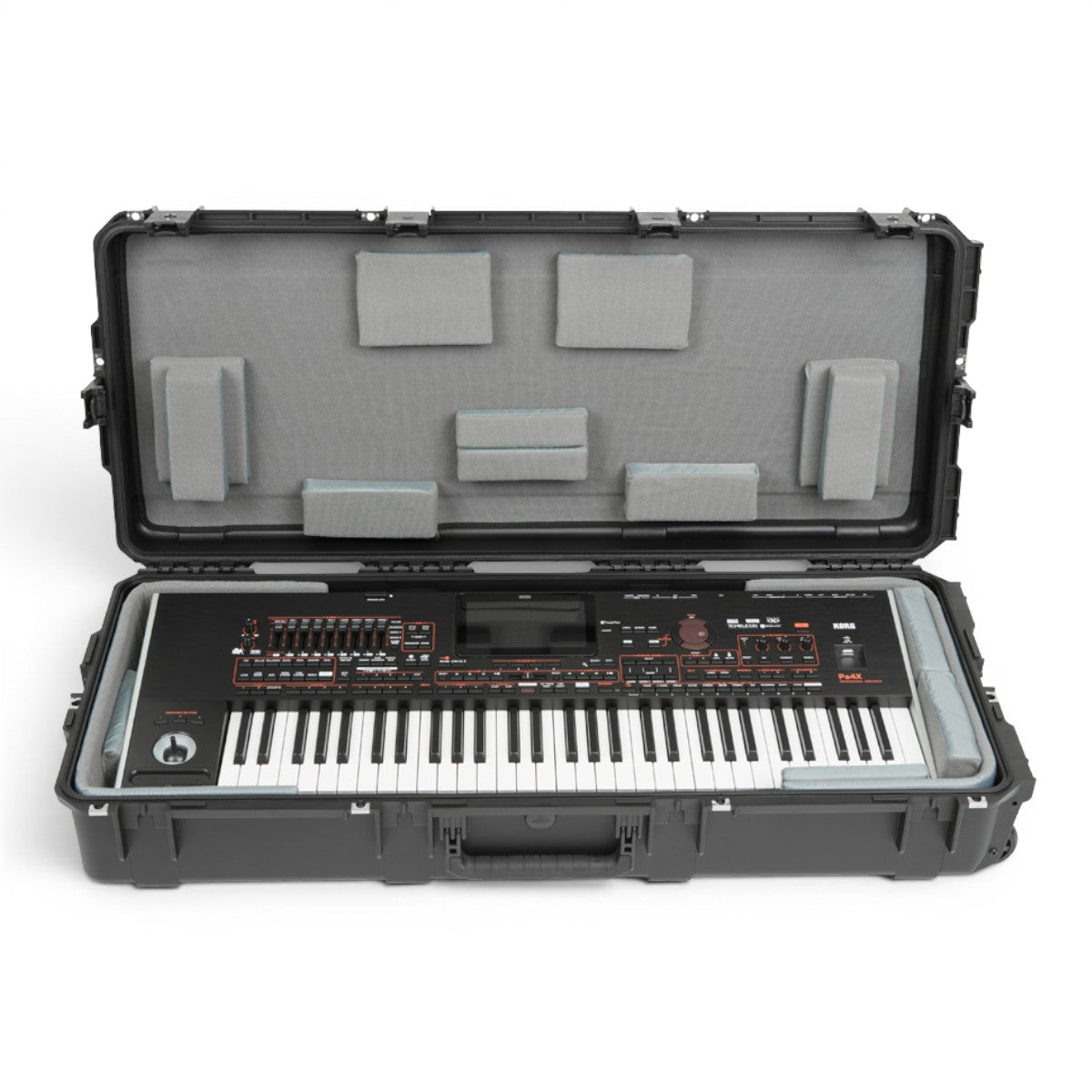 SKB Cases iSeries 61-note keyboard case with a Korg PA4X-61 inside, featuring customizable grey foam interior padding.