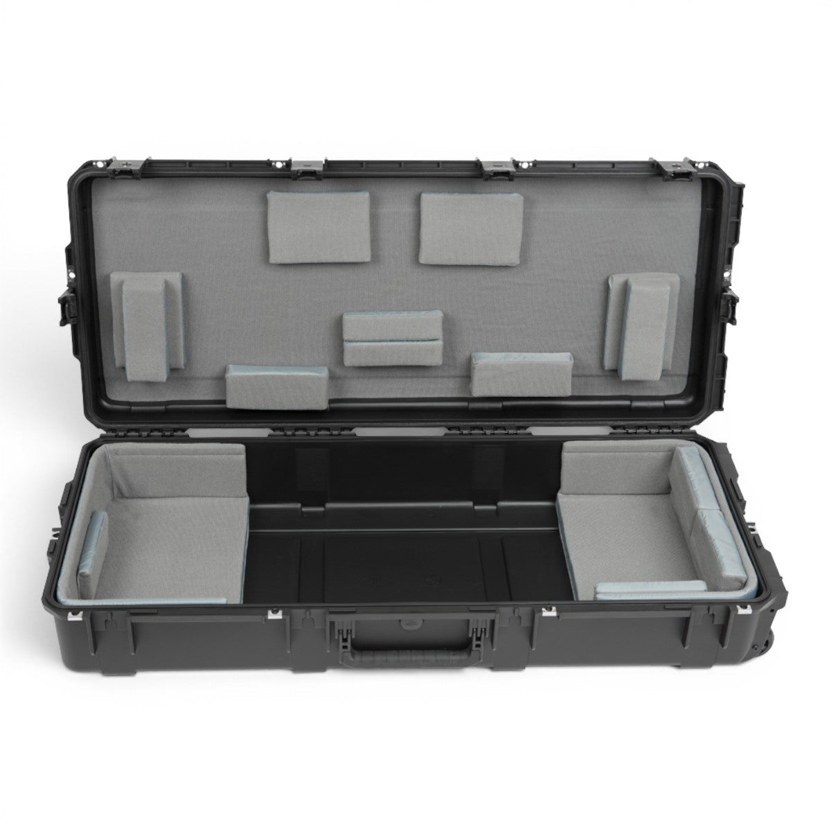 SKB Cases iSeries 61-note keyboard case with black waterproof exterior and customizable grey foam interior padding.