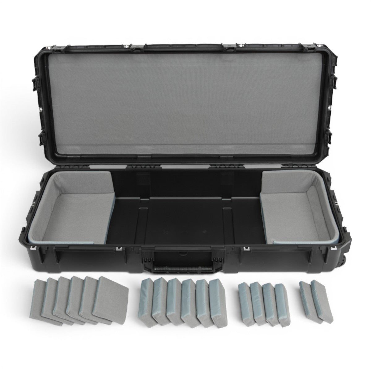 SKB Cases iSeries 61-note keyboard case with customizable grey foam interior pads and waterproof black hard shell.