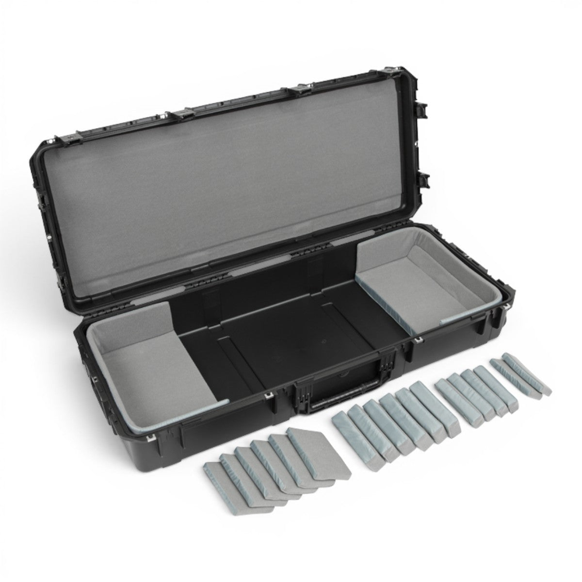 SKB Cases iSeries 61-note keyboard case in black with customizable grey foam interior pads on a white background