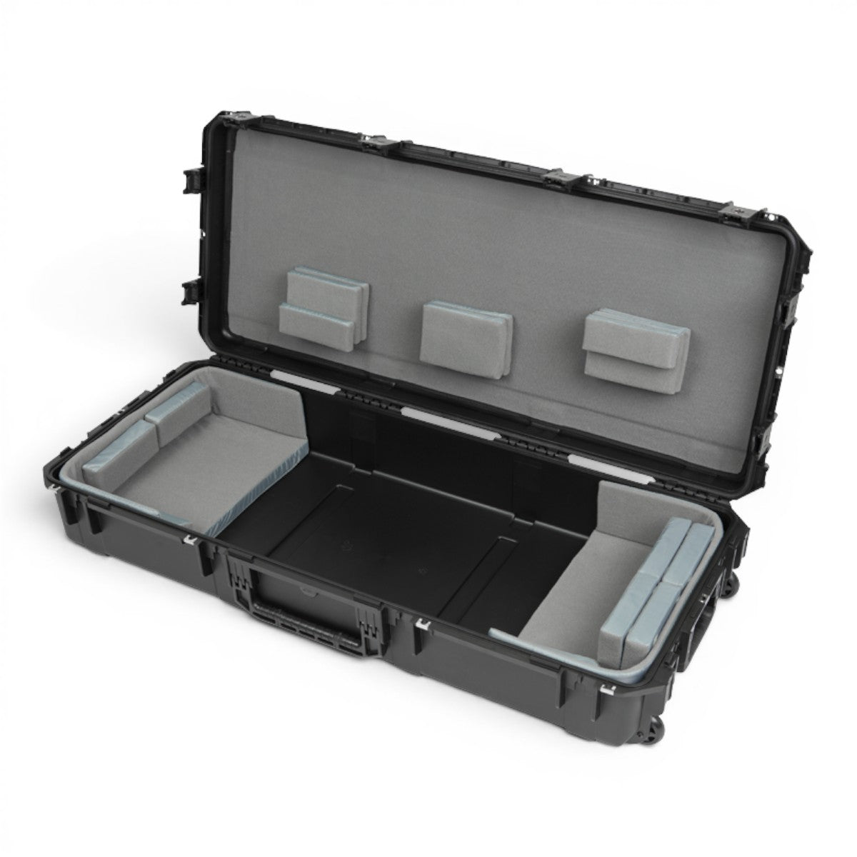 SKB Cases iSeries 61-note keyboard case in black with customizable grey Velex-covered foam interior and TSA latches.