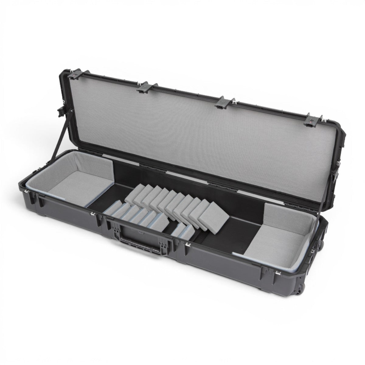 SKB Cases iSeries 88-note keyboard case with black waterproof shell and customizable grey foam interior padding.