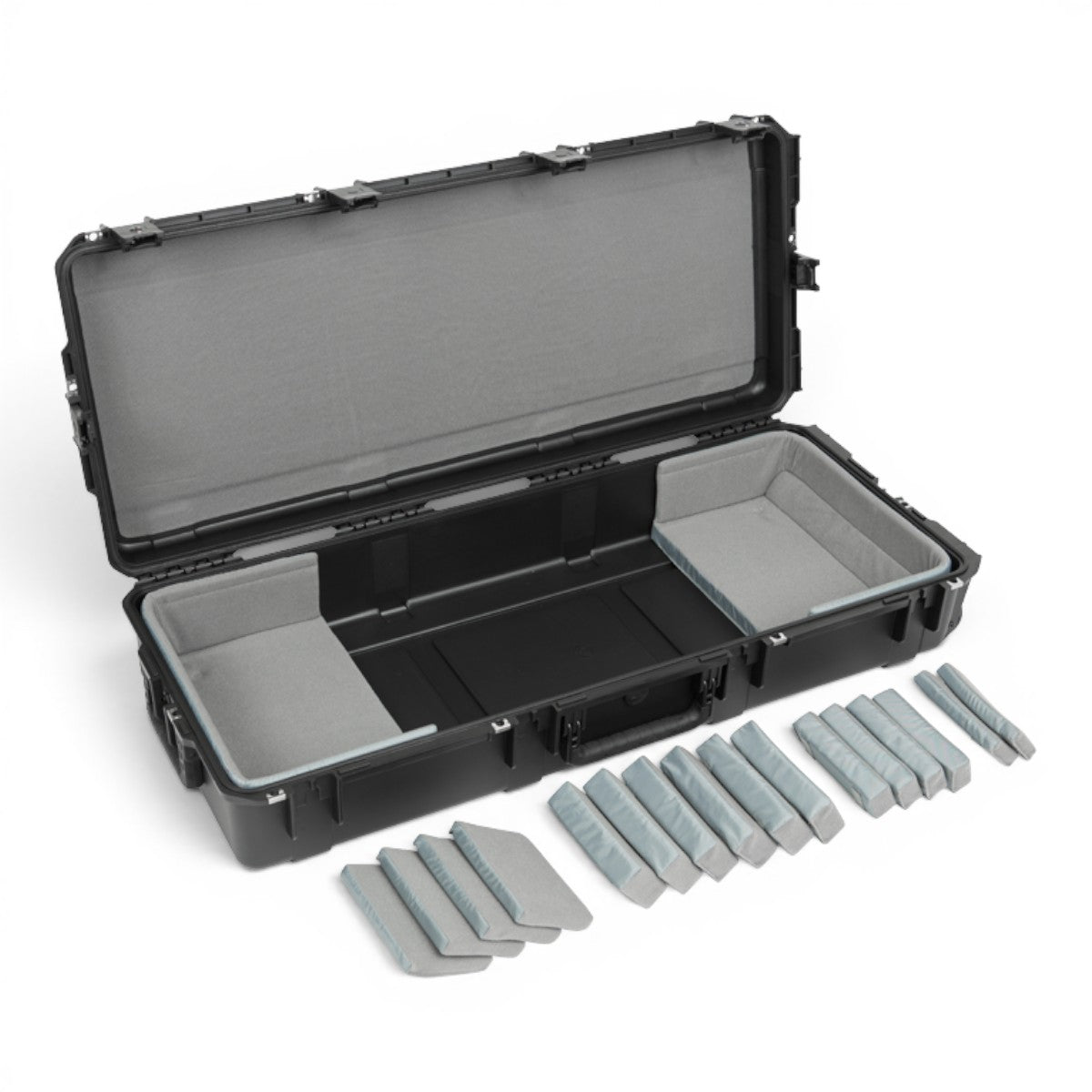 SKB Cases iSeries 61-note keyboard case in black with customizable grey foam interior pads on a white background.