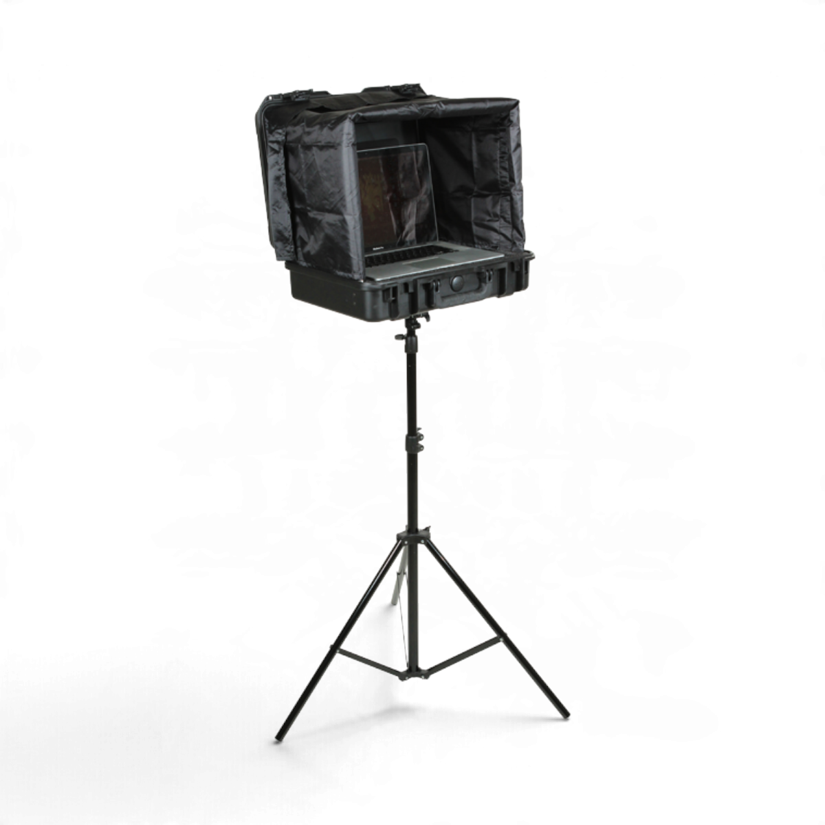 SKB Cases iSeries 1813-5 waterproof laptop case with sun screen mounted on a tripod stand against a white background.