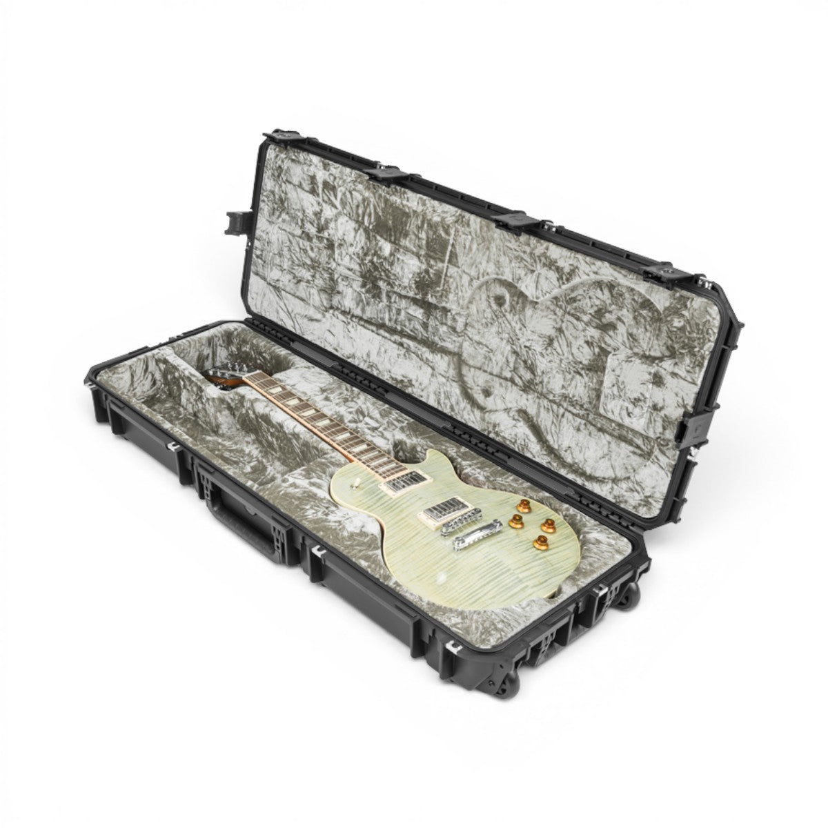 SKB Cases iSeries waterproof guitar flight case with platinum plush interior holding a Les Paul style electric guitar
