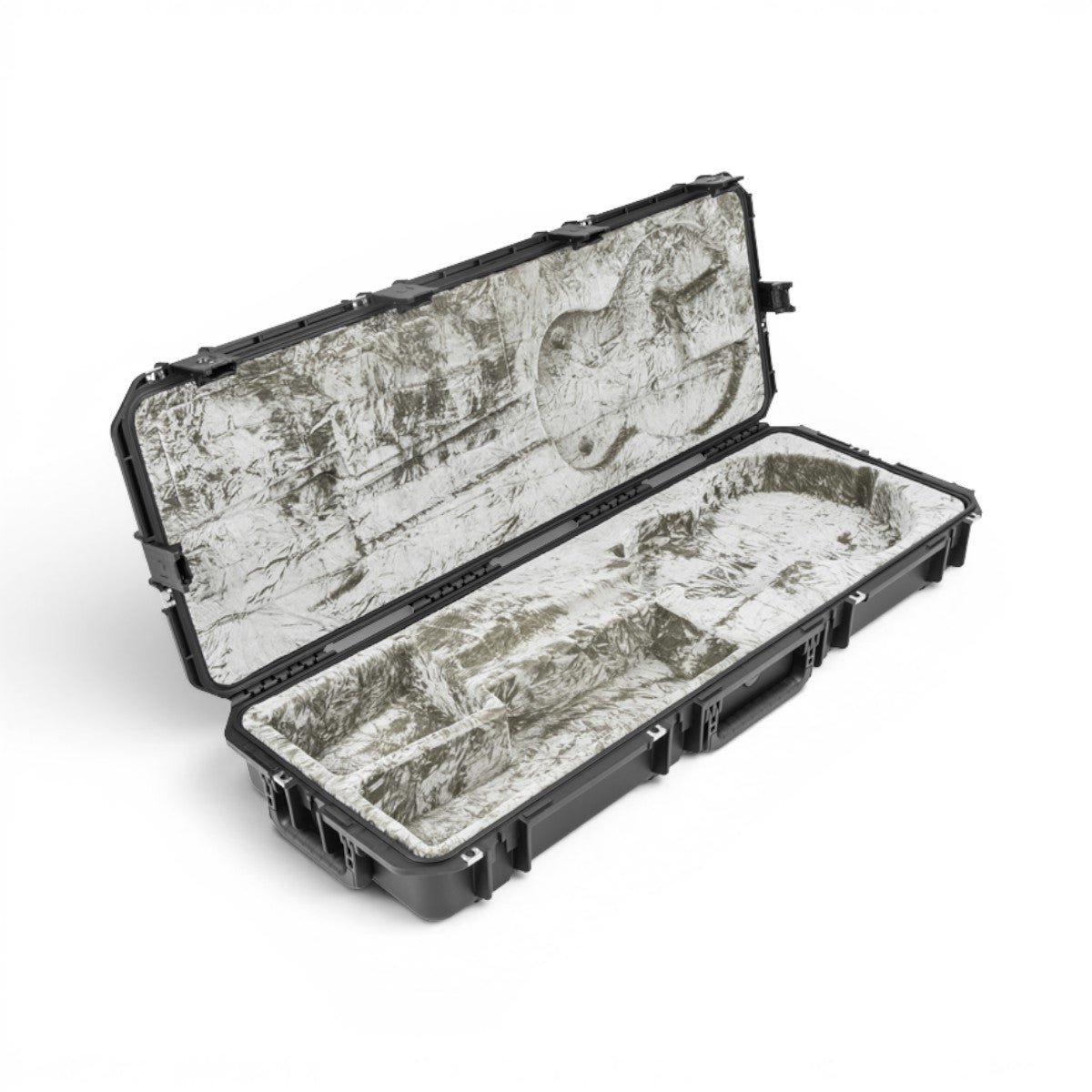 SKB Cases iSeries waterproof guitar flight case with open lid showing platinum plush interior for Les Paul guitars