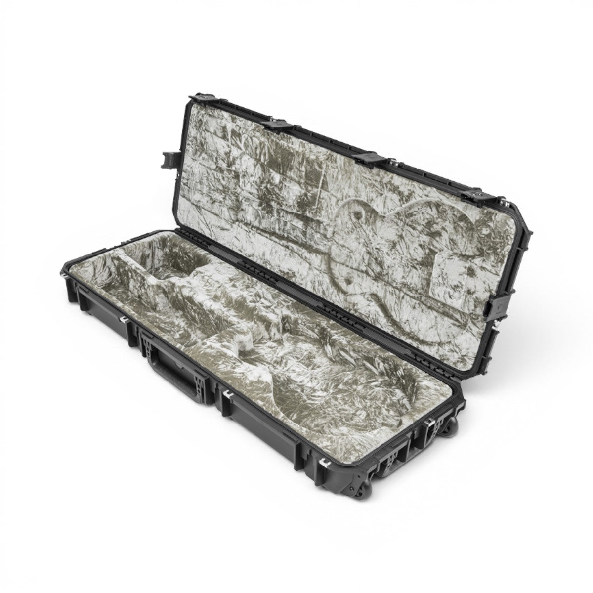 SKB Cases iSeries waterproof guitar flight case with open lid showing platinum plush interior and neck support.