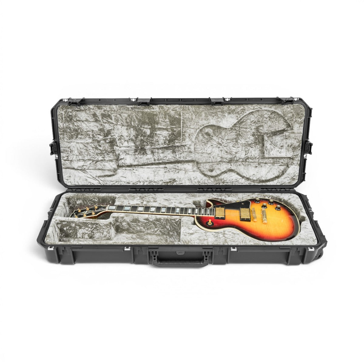 SKB Cases iSeries waterproof guitar flight case with sunburst Les Paul guitar inside and platinum plush interior