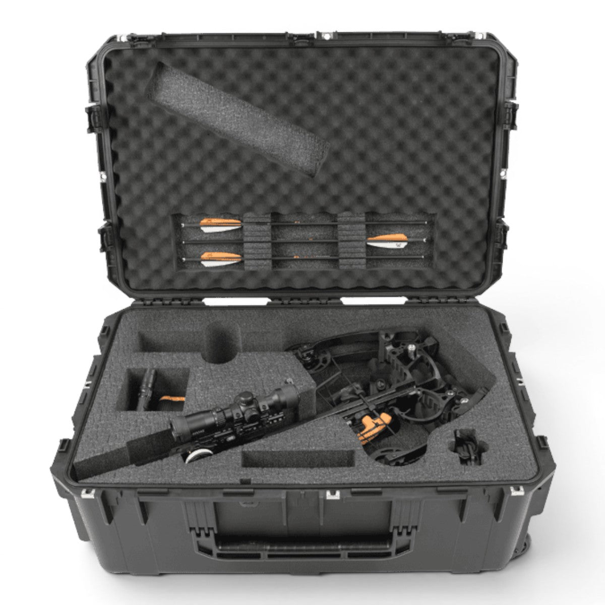 SKB Cases iSeries 3019-12 waterproof crossbow case with custom foam interior holding a Mission Sub-1 crossbow.