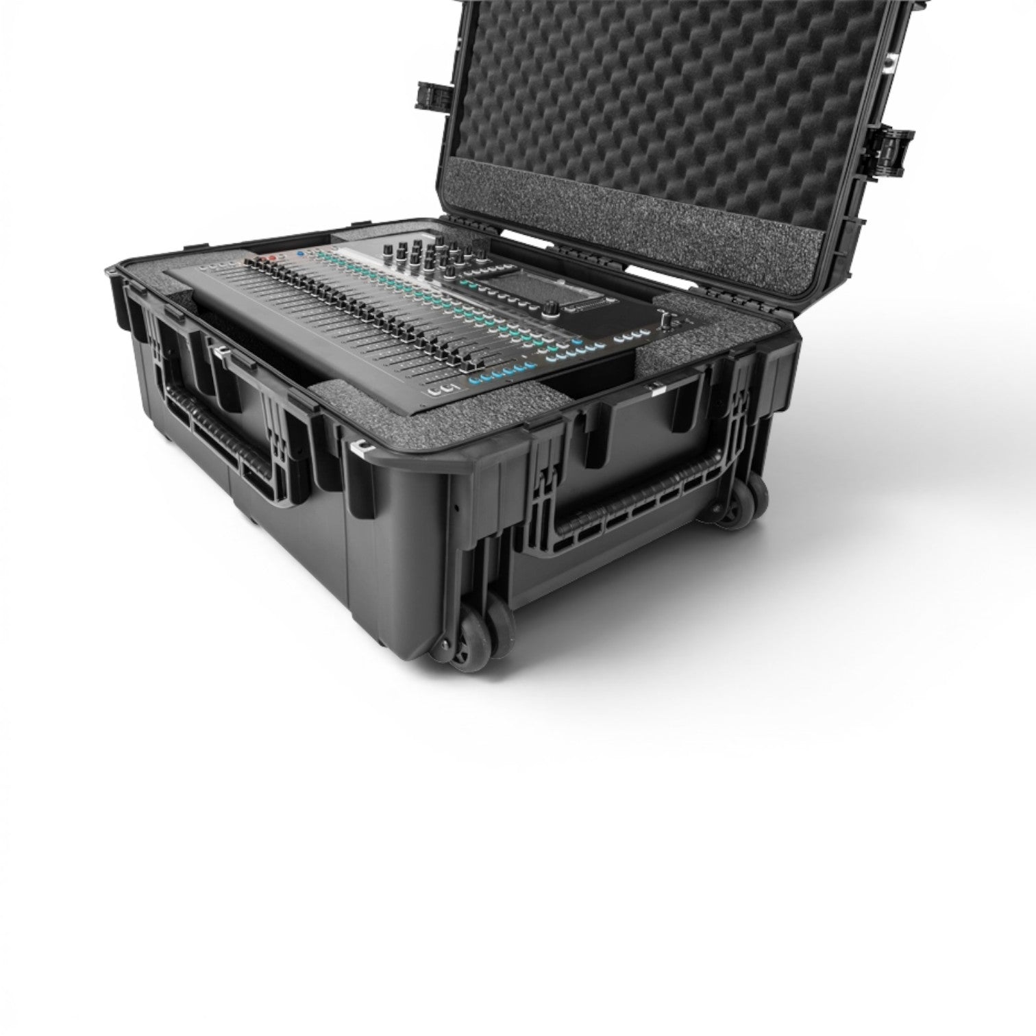SKB Cases iSeries waterproof hard case with custom foam interior holding an Allen & Heath Qu-6 mixer on wheels
