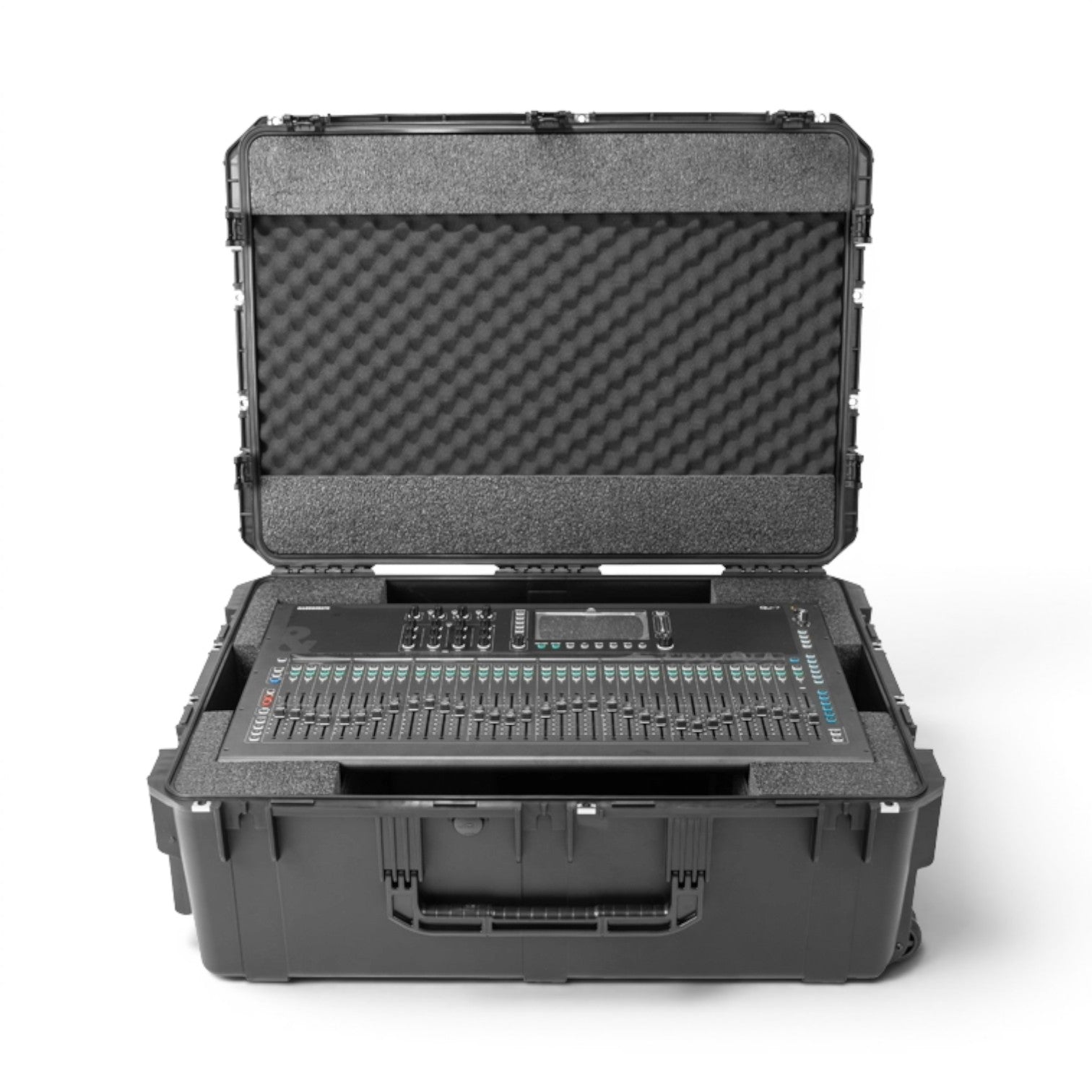 SKB Cases iSeries waterproof mixer case with custom foam interior holding an Allen & Heath Qu-7 digital mixer.