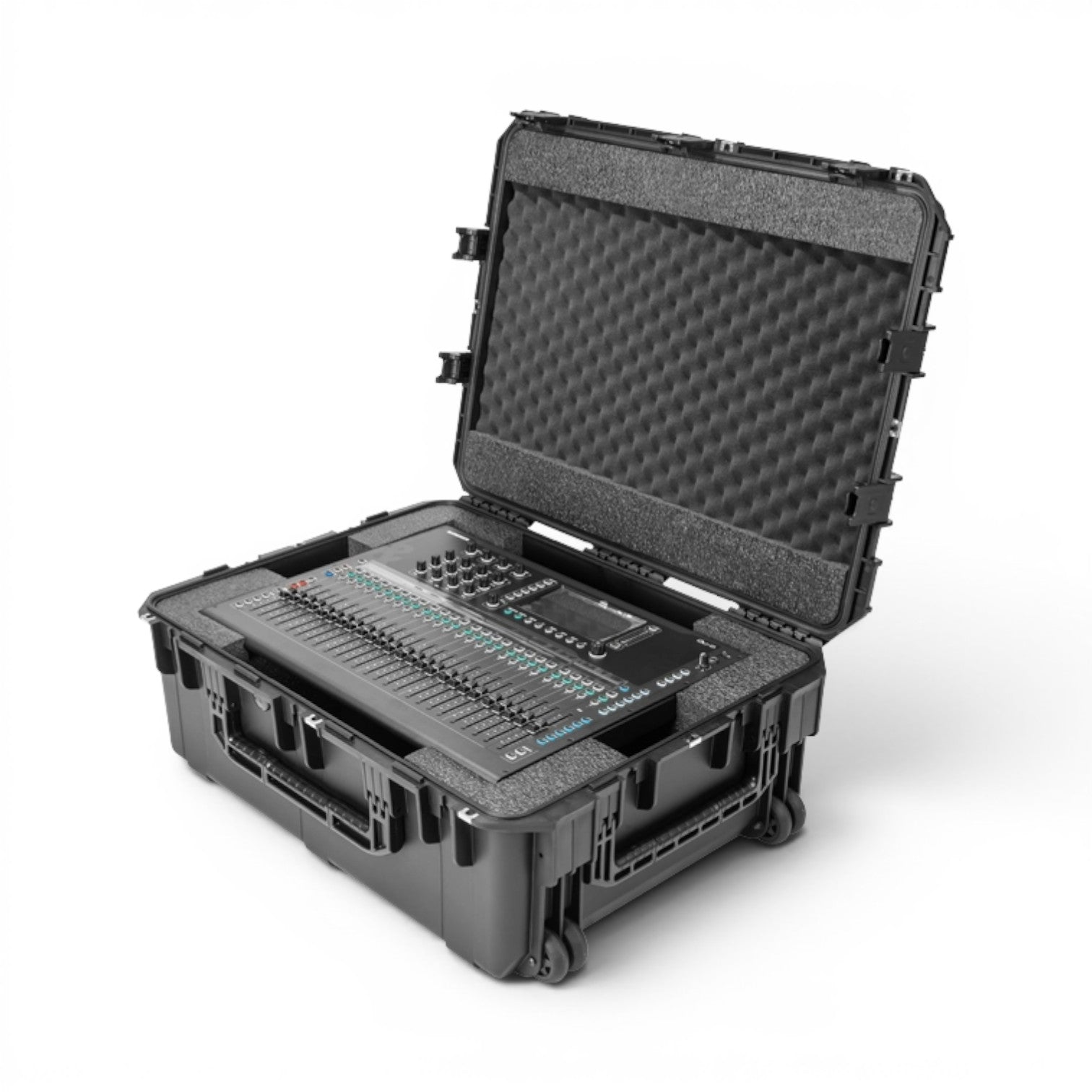 SKB Cases iSeries waterproof mixer case with custom foam interior holding an Allen & Heath Qu-6 digital mixer.