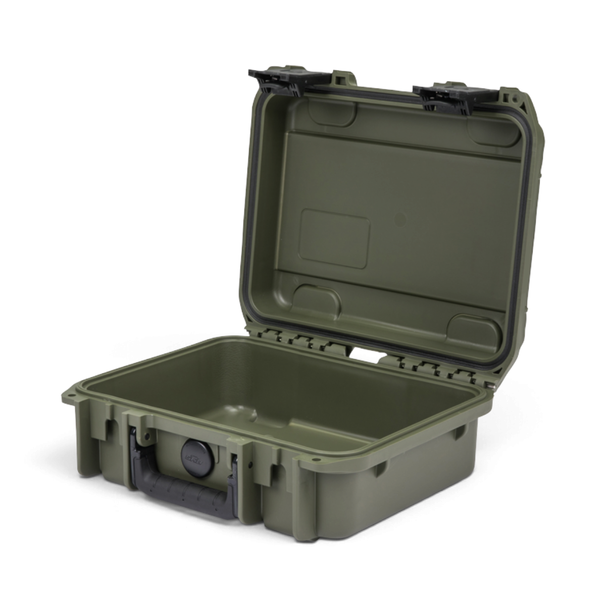SKB Cases iSeries 1209-4 waterproof hard case in OD green with open lid, trigger latches, and rubber grip handle.