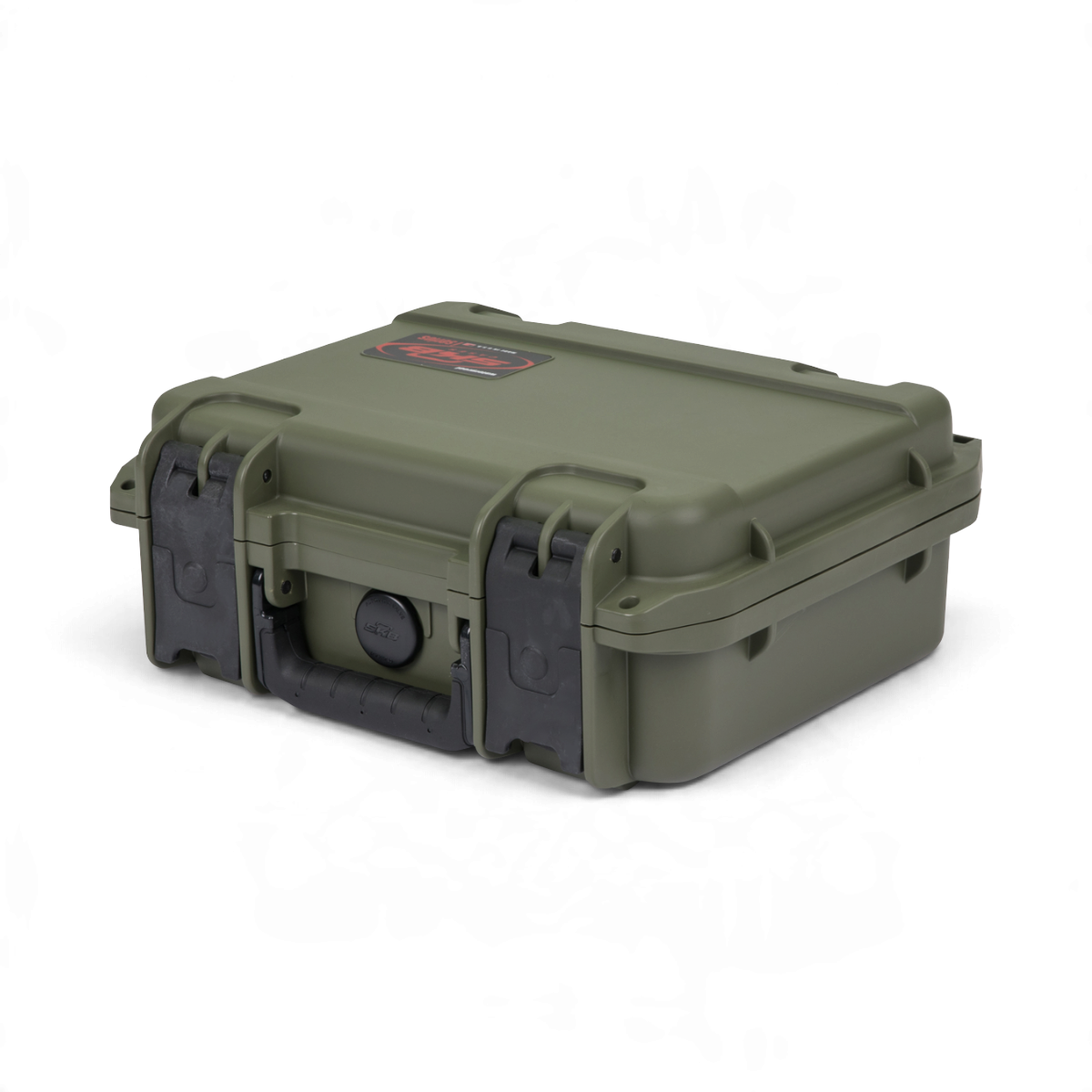 SKB Cases iSeries 1209-4 waterproof hard case in OD green with black trigger latches and rubberized handle.