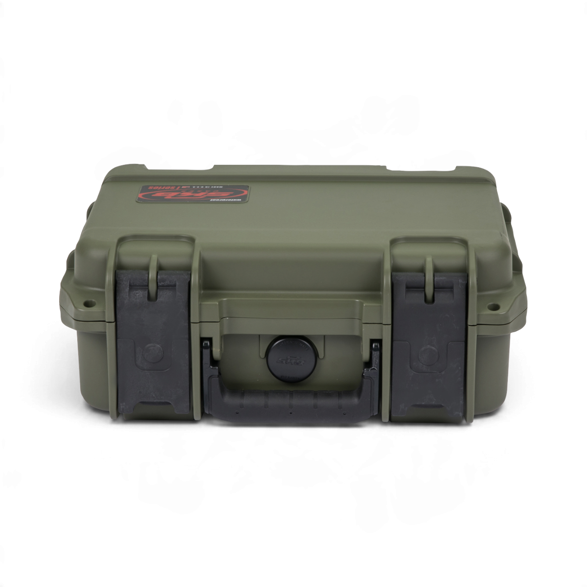 SKB Cases iSeries 1209-4 waterproof hard case in OD green with black trigger latches and rubberized handle.