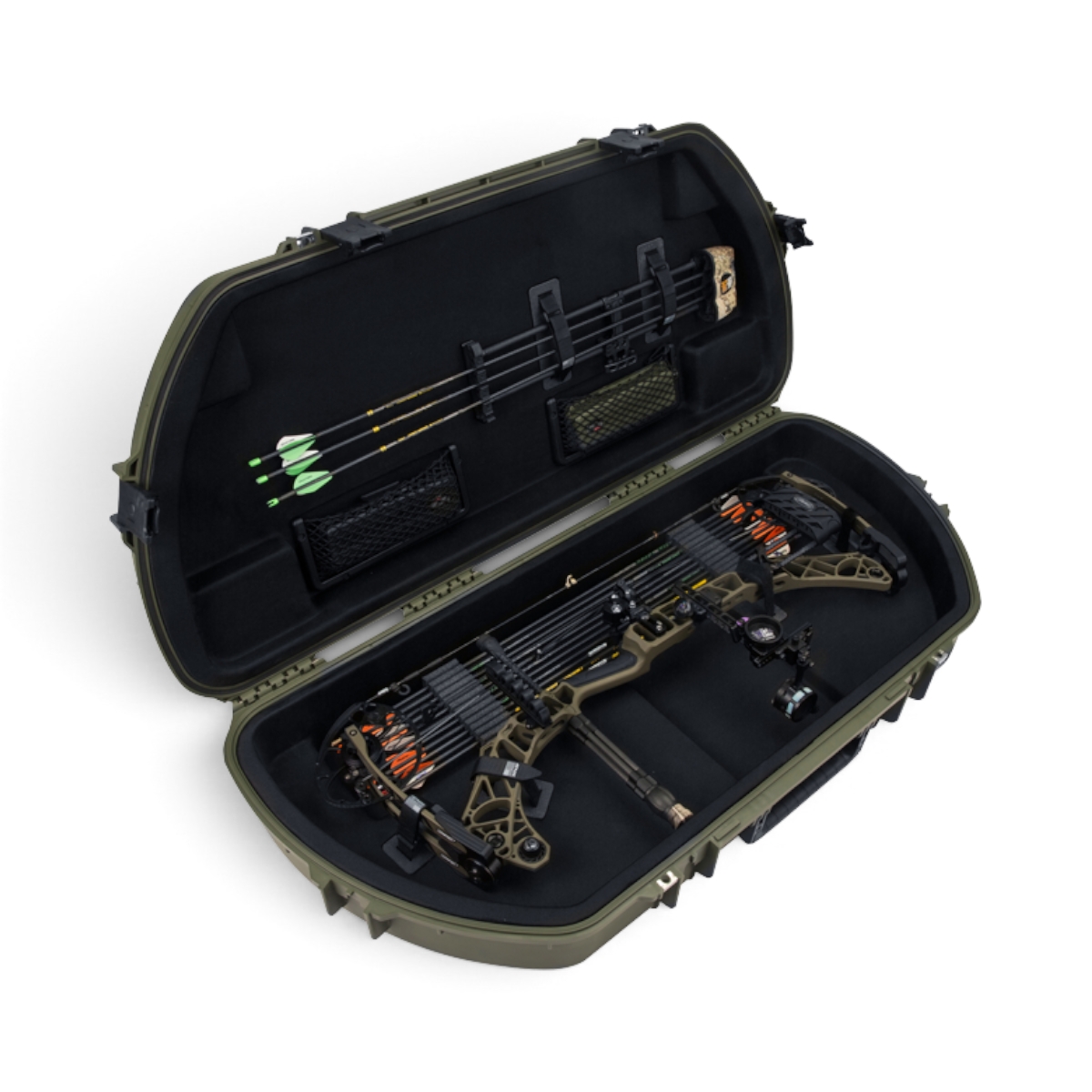SKB Cases iSeries olive green waterproof bow case with interior foam padding, arrow storage, and accessory pockets.