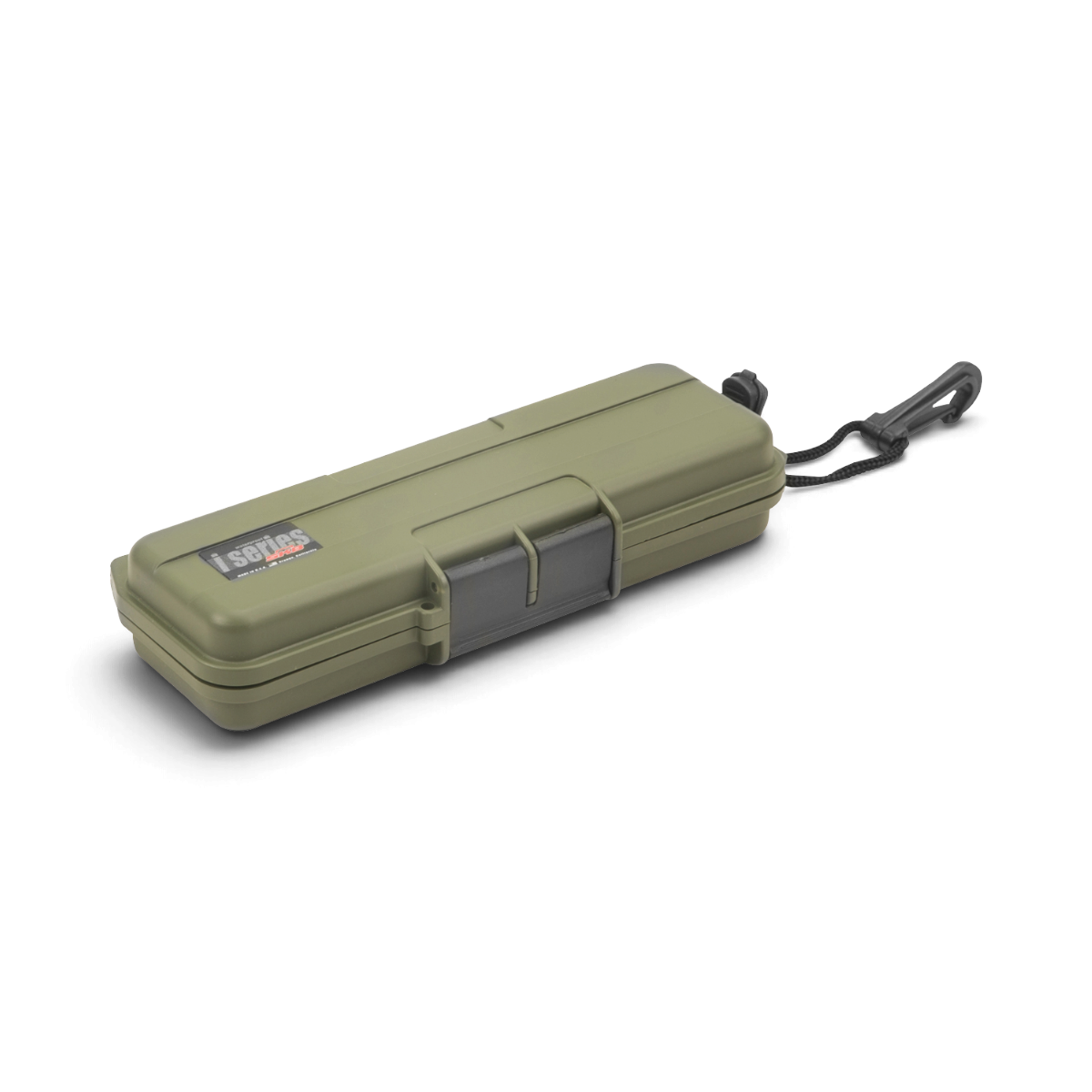 SKB Cases iSeries 0702-1 olive green waterproof protective case with a black trigger latch and carry strap.