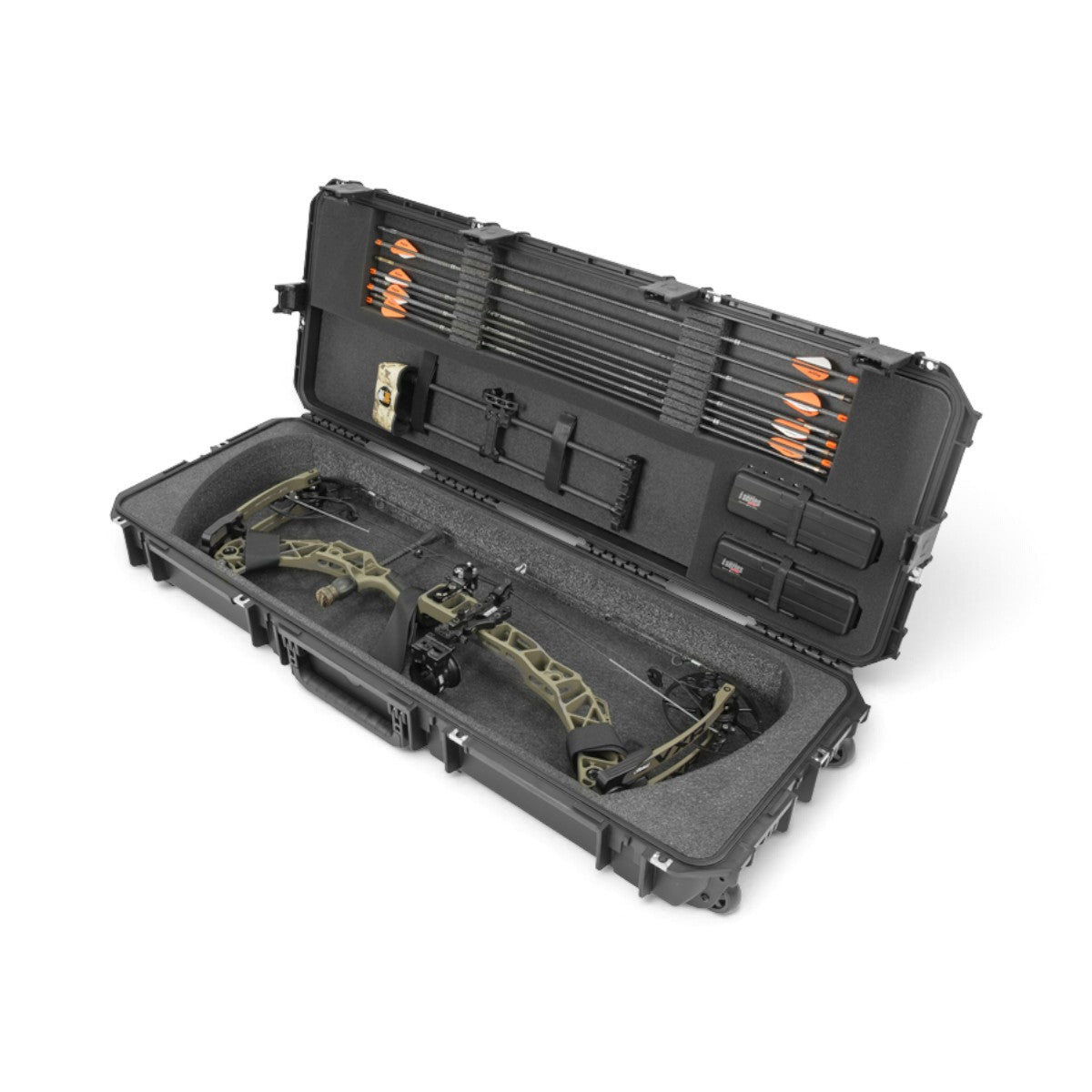 SKB Cases iSeries 4214-5 waterproof hard bow case in black with foam interior holding a compound bow and arrows