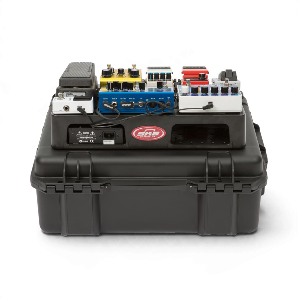 SKB Cases iSeries 2015-7 waterproof hard case with 1SKB-PB1712 non-powered pedalboard and guitar effects pedals.