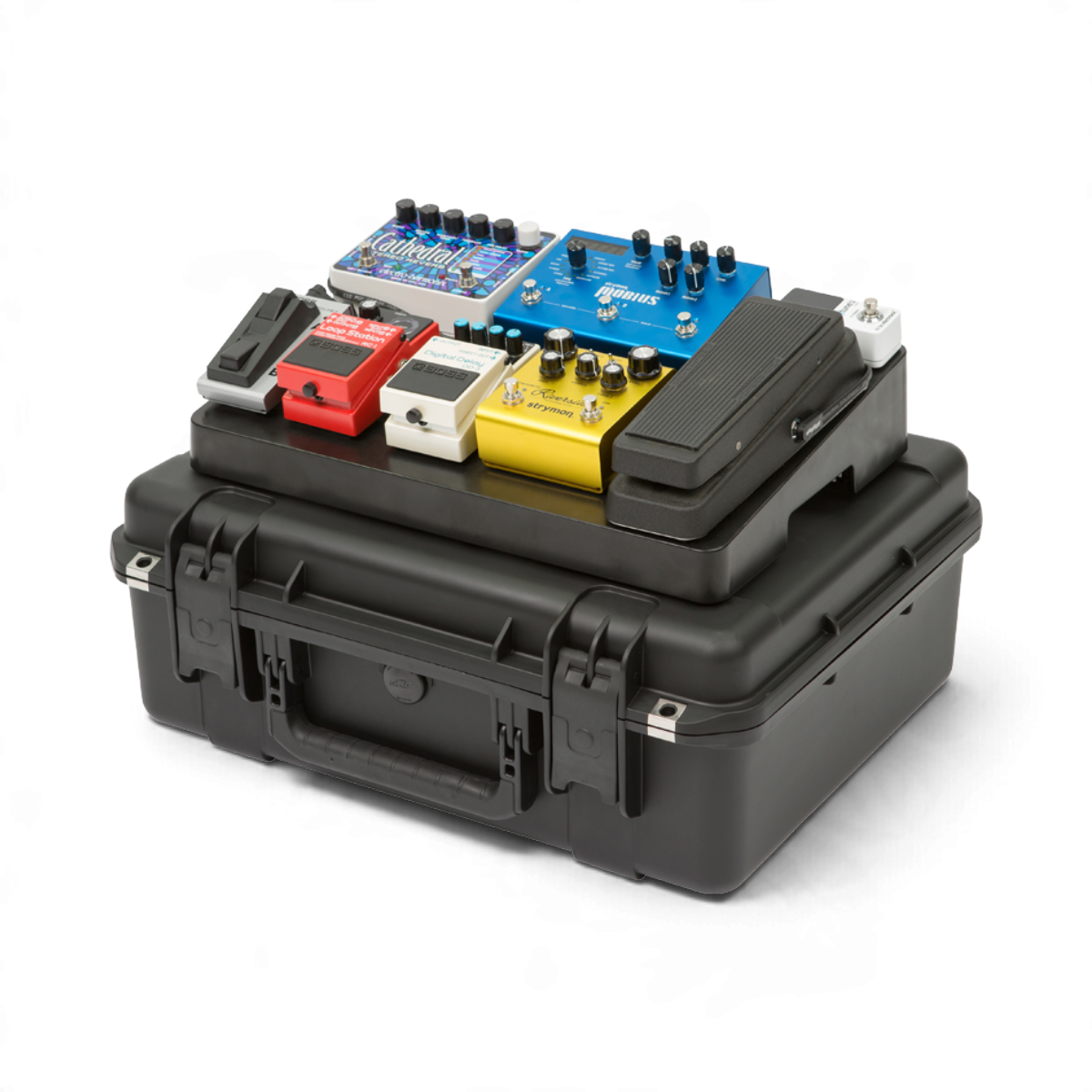 SKB Cases iSeries 2015-7 waterproof hard case with a 1SKB-PB1712 pedalboard loaded with various guitar effect pedals.