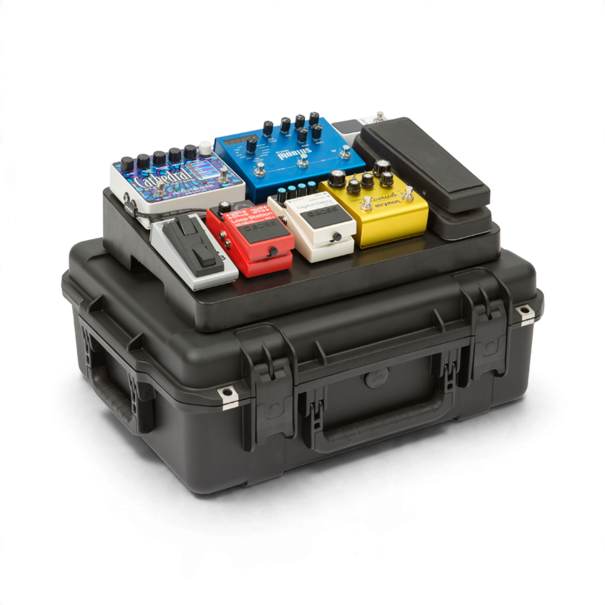 SKB Cases iSeries 2015-7 waterproof hard case with 1SKB-PB1712 pedalboard holding various guitar effect pedals