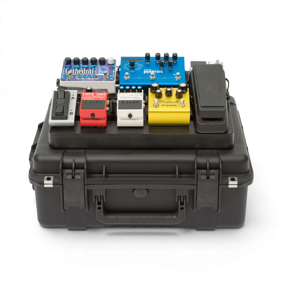 SKB Cases iSeries 2015-7 waterproof hard case with a 1SKB-PB1712 pedalboard loaded with various guitar effect pedals.