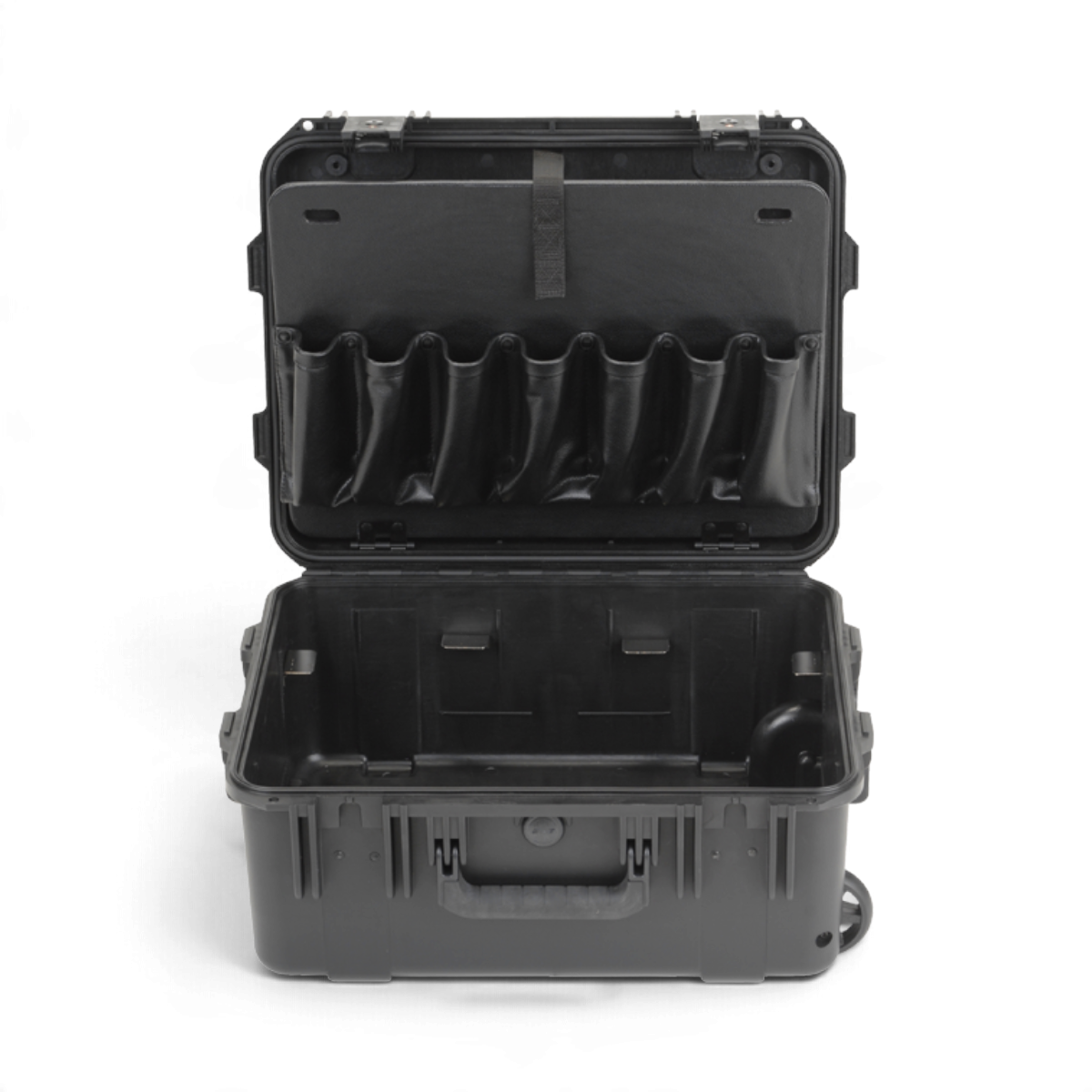 SKB Cases iSeries 1914-8 percussion case in black with open lid showing mallet and stick holsters for musicians.