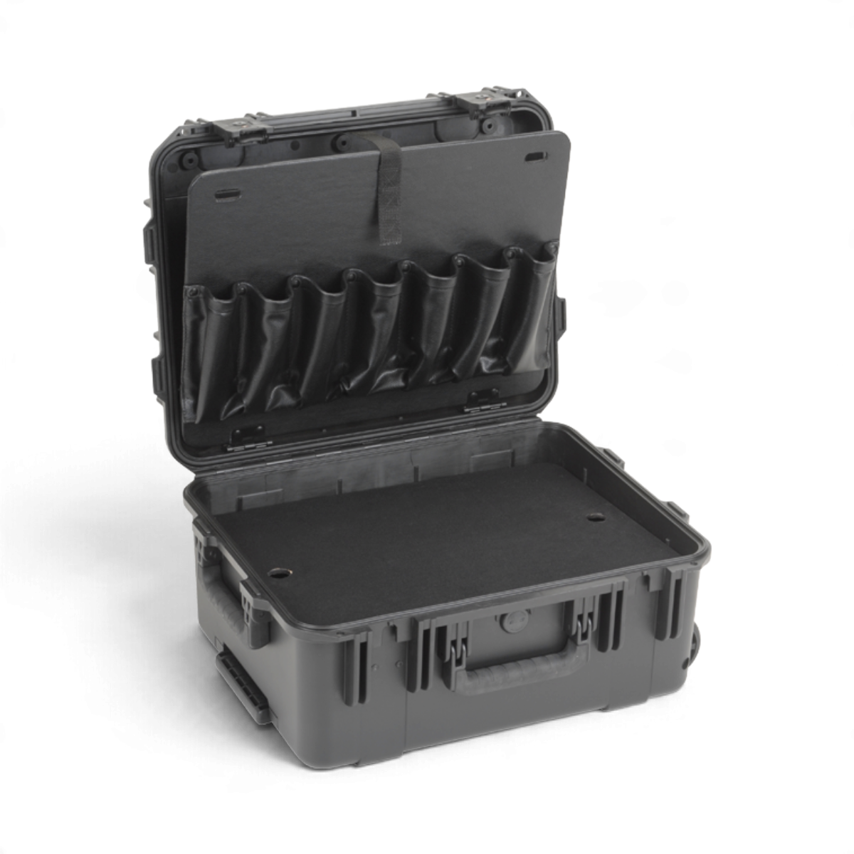 SKB Cases iSeries 1914-8 black waterproof percussion case with mallet holsters and removable trap table surface.