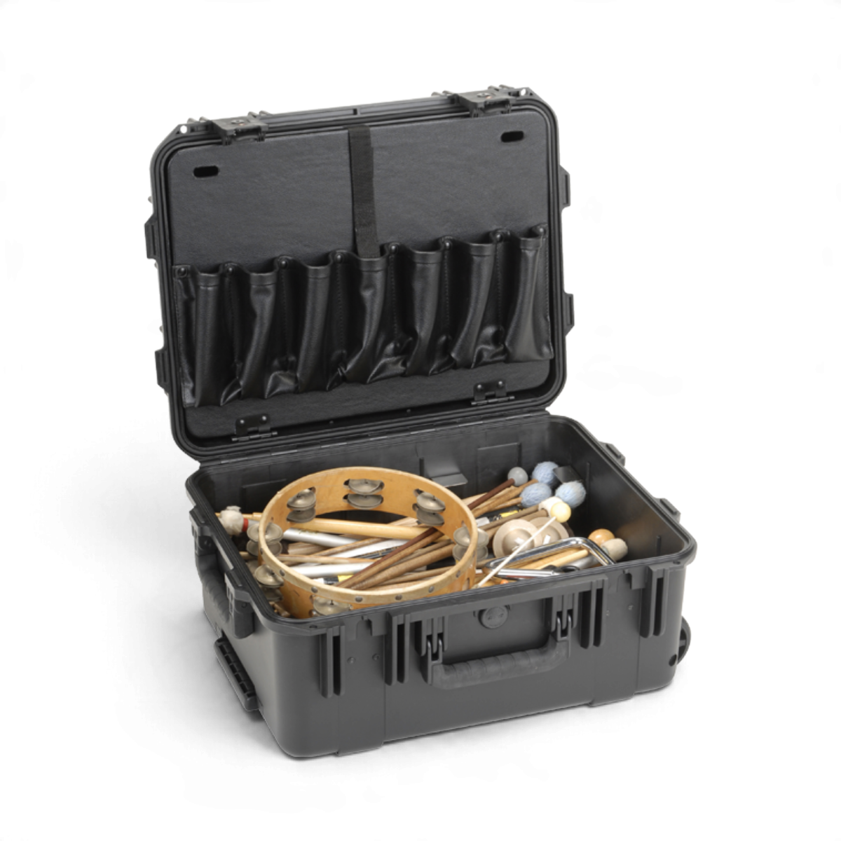 SKB Cases iSeries 1914-8 black waterproof percussion case with mallet holsters and assorted musical instruments inside