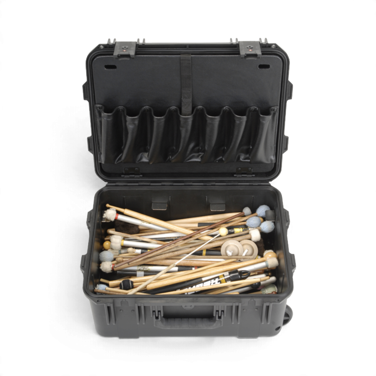 SKB Cases iSeries 1914-8 black waterproof percussion case filled with various mallets and drum sticks