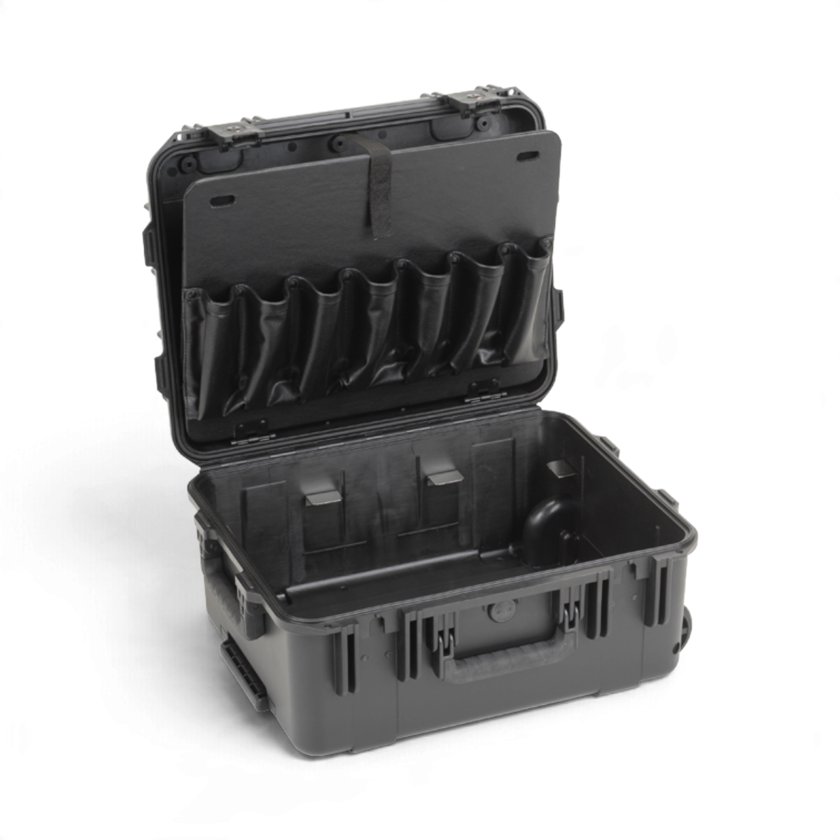 SKB Cases iSeries 1914-8 percussion case in black with open lid, mallet holsters, and removable work surface.