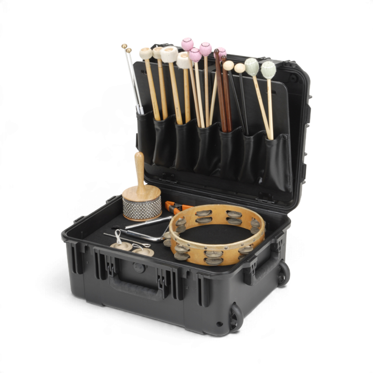 SKB Cases iSeries 1914-8 percussion case open with mallet holsters, tambourine, and various musical instruments.