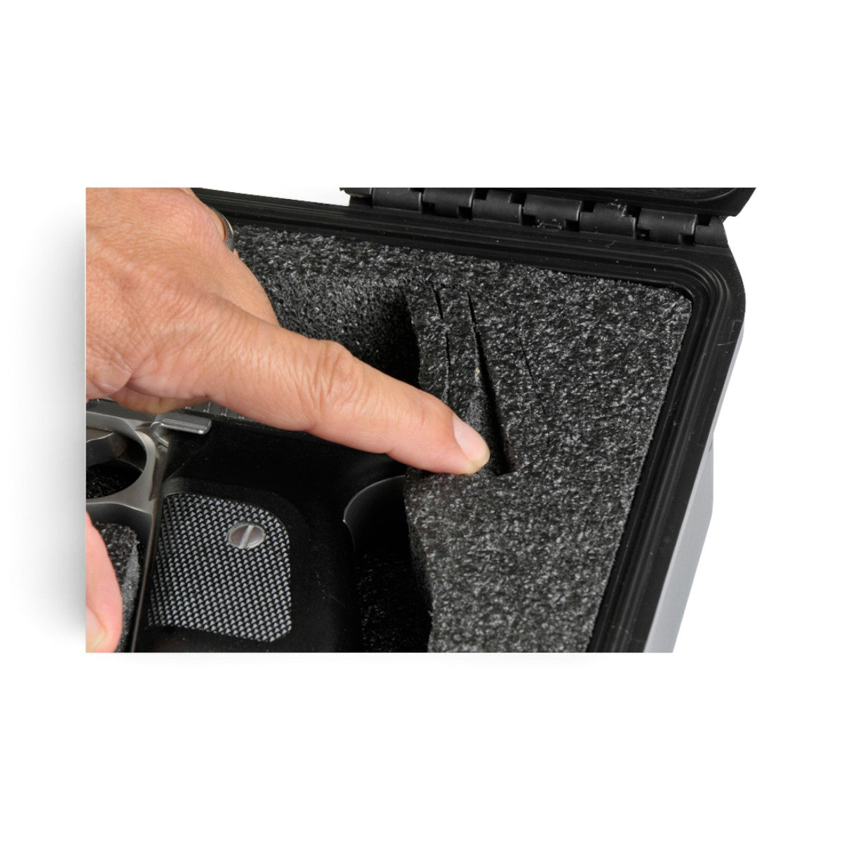 SKB Cases iSeries 1006-3 pistol case with custom high-density foam interior and adjustable cutout for firearm storage.