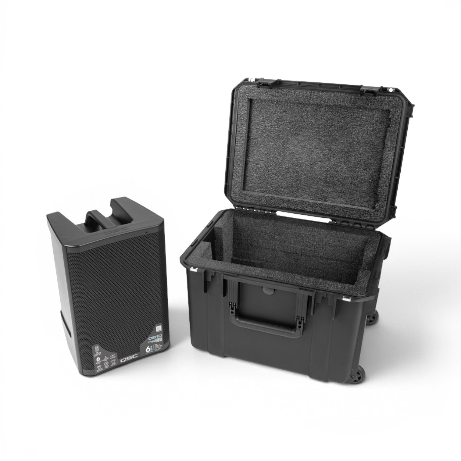 SKB Cases iSeries waterproof hard case with foam interior for QSC CB10 loudspeaker, shown open with speaker beside it.