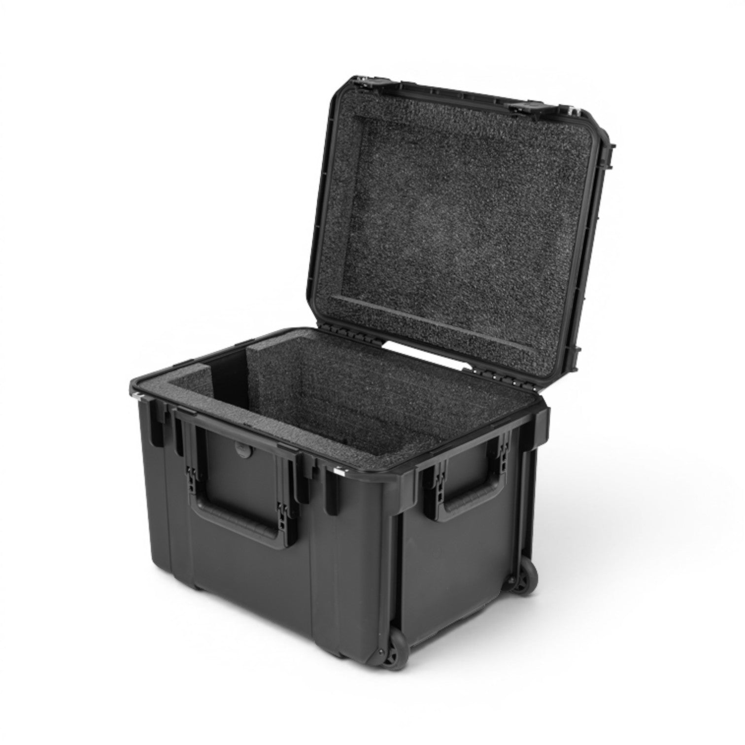 SKB Cases iSeries waterproof hard case with custom foam interior for QSC CB10 speaker, open view.