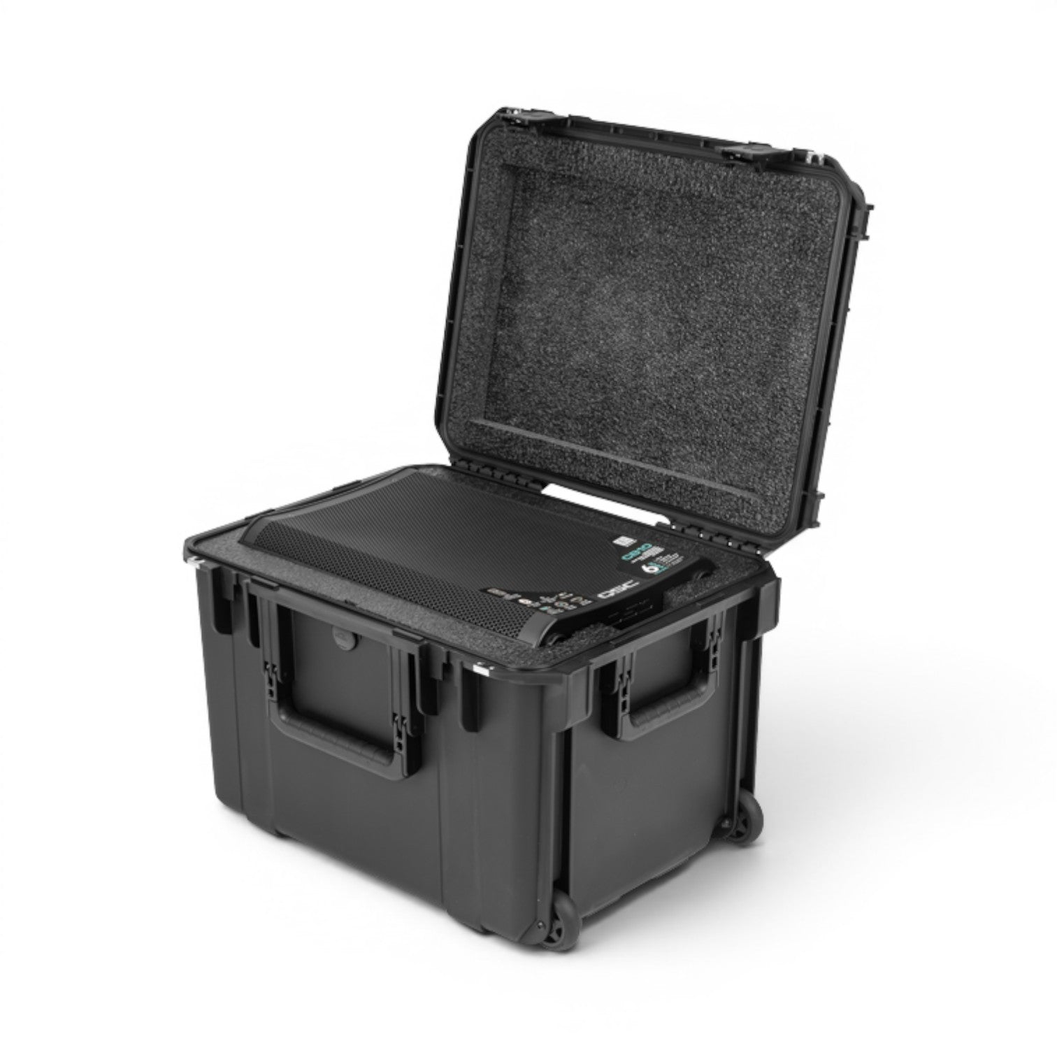 SKB Cases iSeries waterproof hard case with foam interior holding a QSC CB10 loudspeaker and accessory compartment.