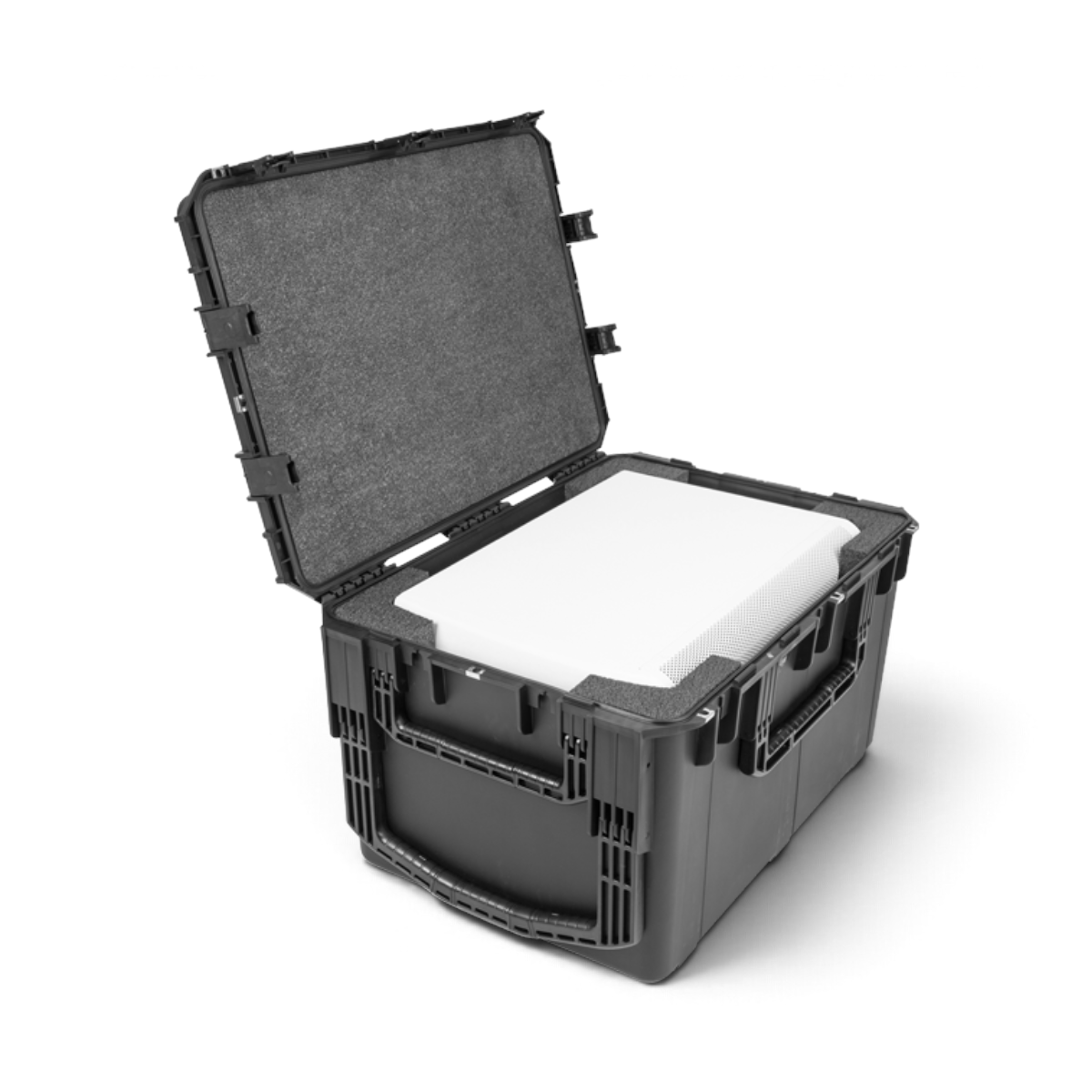SKB Cases iSeries waterproof hard case with custom foam interior for QSC KC12S subwoofer, featuring wheels and latches.