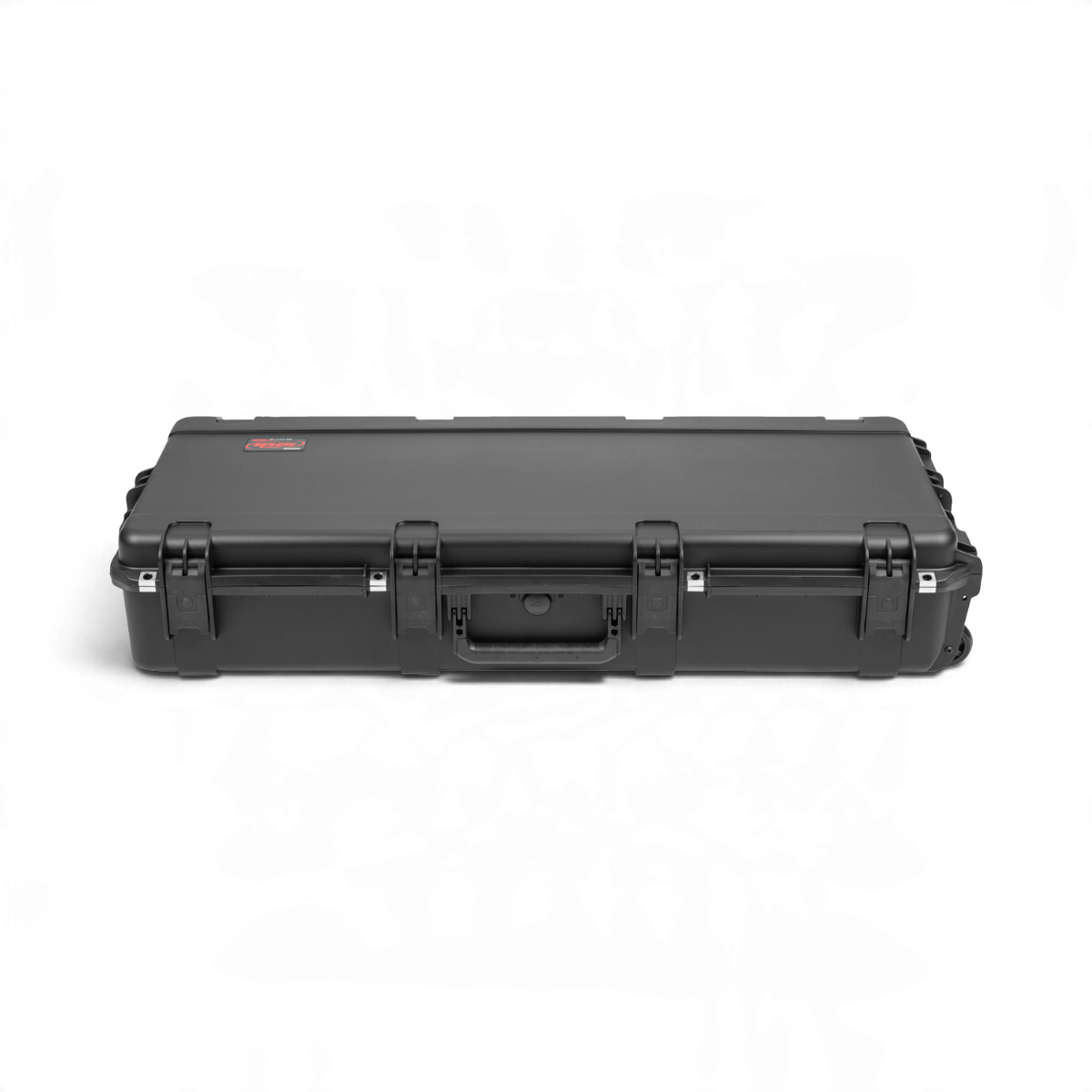 SKB Cases iSeries waterproof hard case for QSC KC12T and KC-SP32 speakers in black with trigger latches and wheels.