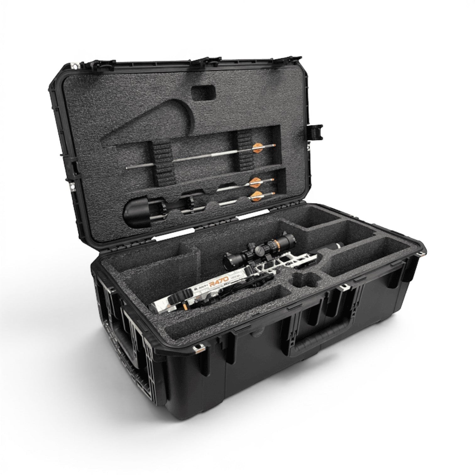 SKB Cases iSeries black waterproof crossbow case with custom foam interior holding a Ravin R470 and accessories.