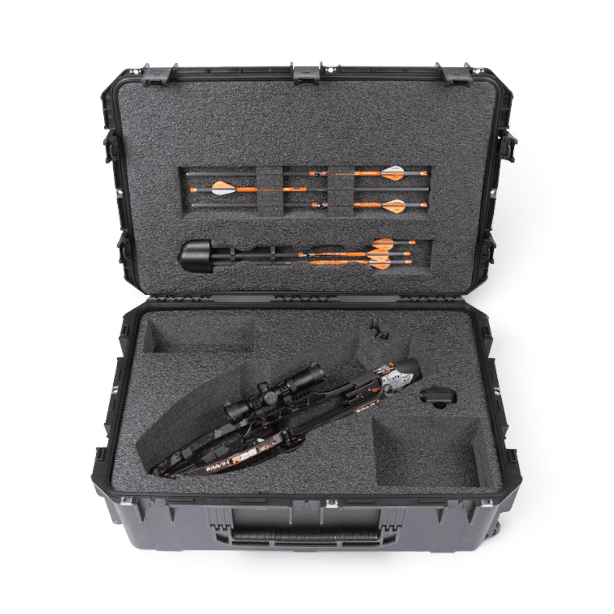 SKB Cases iSeries waterproof crossbow case with custom foam interior holding a Ravin crossbow and arrows