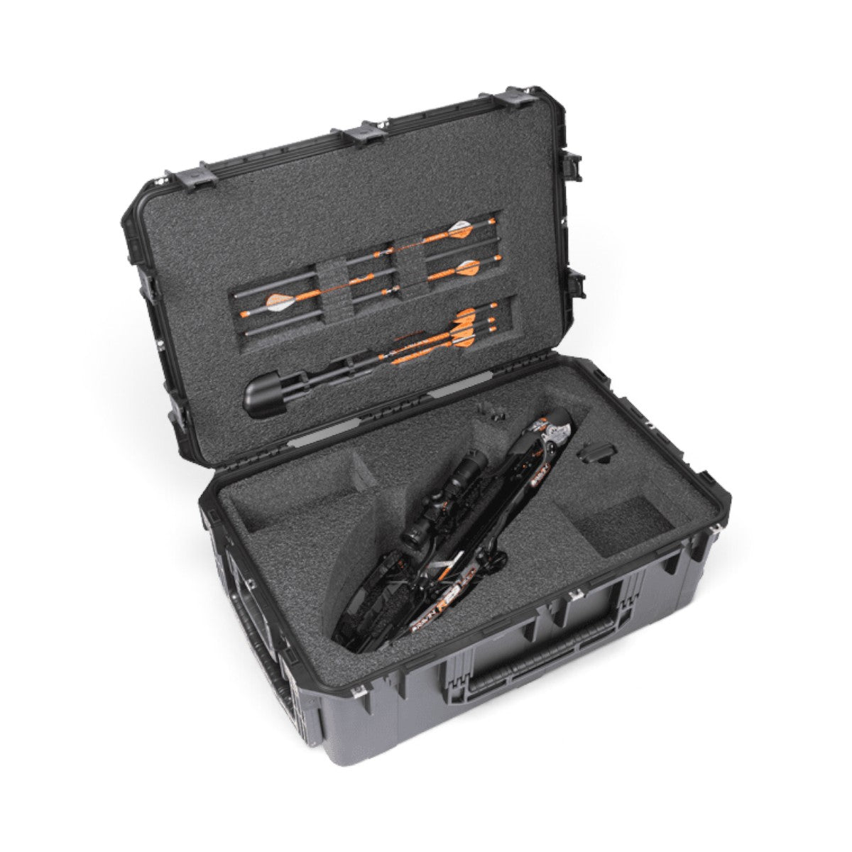 SKB Cases iSeries waterproof crossbow case with custom foam interior holding a Ravin crossbow and arrows