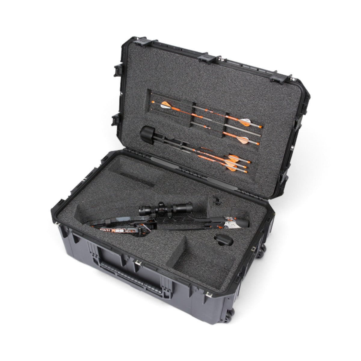 SKB Cases iSeries waterproof crossbow case with custom foam interior holding a Ravin crossbow and arrows
