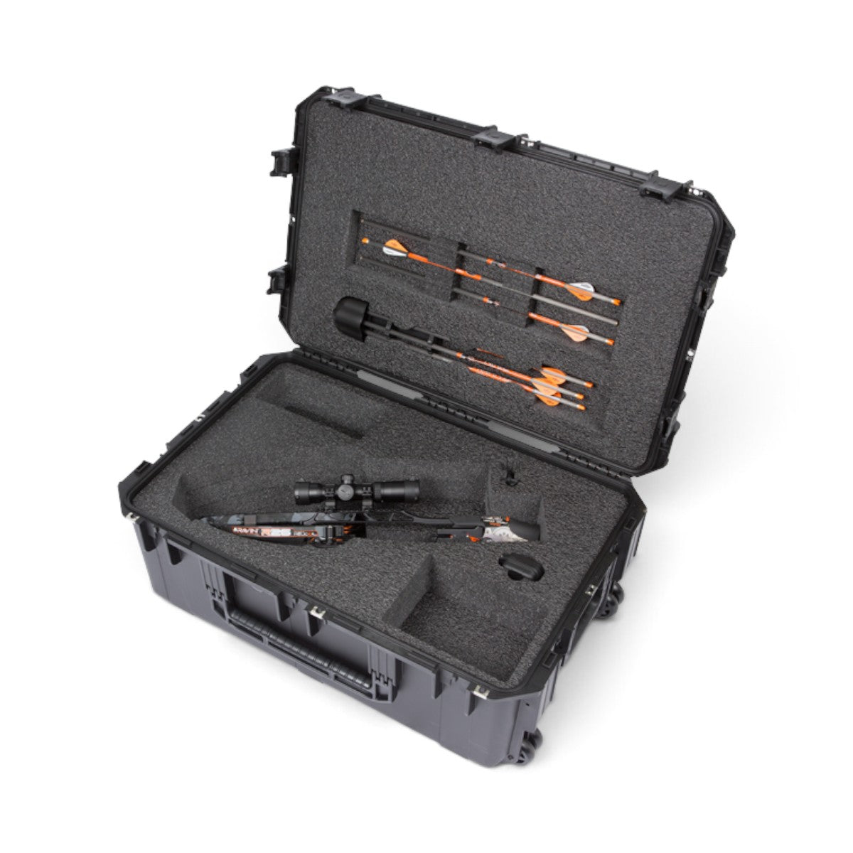 SKB Cases iSeries waterproof crossbow case with custom foam interior holding a Ravin crossbow and arrows