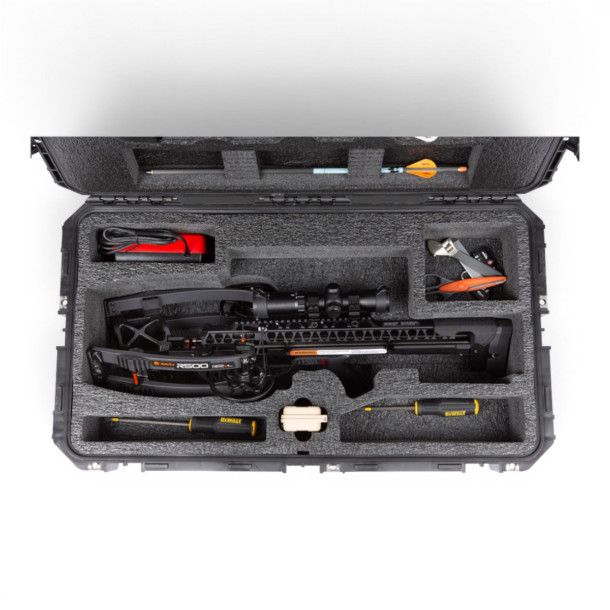SKB Cases iSeries hard crossbow case with custom foam interior holding a Ravin R500 crossbow and accessories