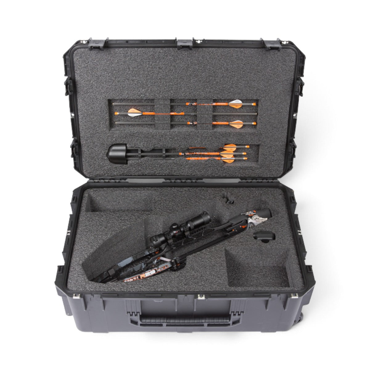 SKB Cases iSeries waterproof crossbow case with custom foam interior holding a Ravin crossbow, quiver, and bolts.