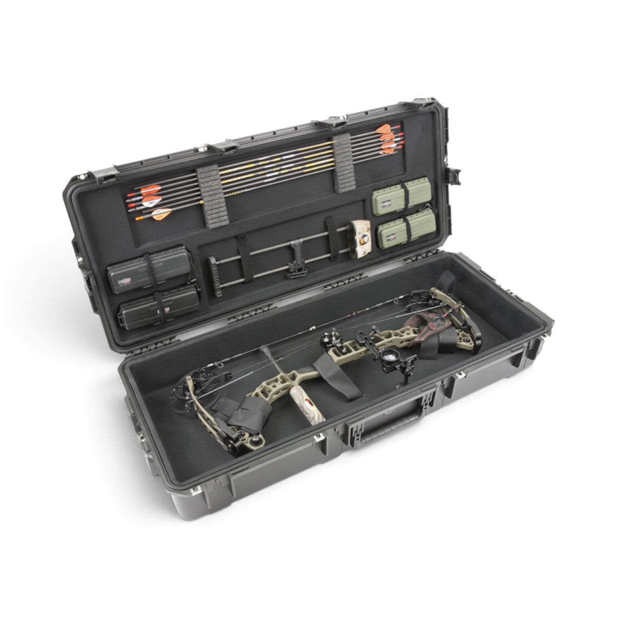 SKB Cases iSeries REV2 waterproof hard bow case with plush interior, holding a compound bow, arrows, and accessories.
