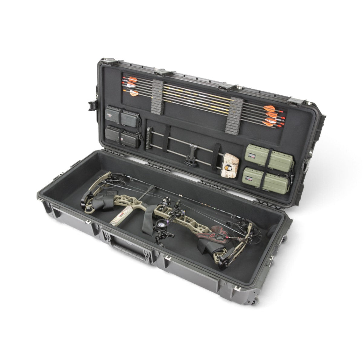SKB Cases iSeries REV2 plush-lined waterproof bow case containing a compound bow, arrows, and accessories.